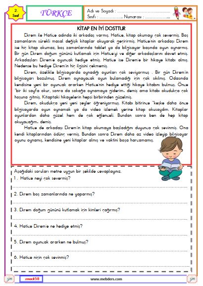 2. Sınıf Türkçe Okuma ve Anlama Metni Etkinliği (Kitap En İyi Dosttur)